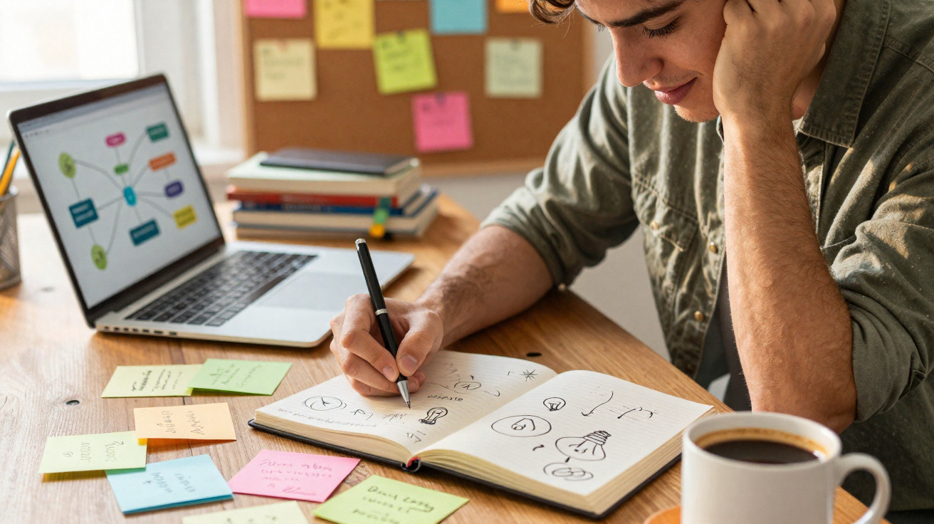 Jovem a desenhar ideias e a estudar num caderno com um computador portátil e notas coloridas numa secretária.