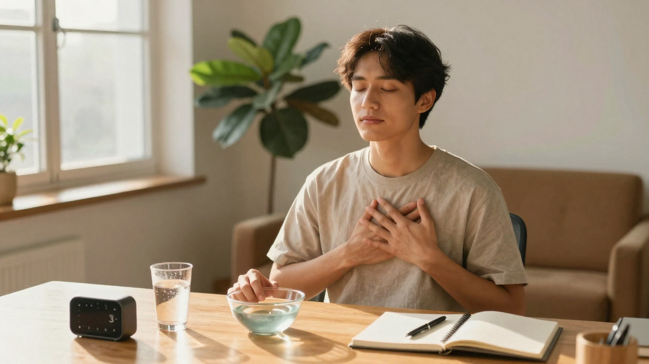Jovem sentado com olhos fechados a meditar, mãos no peito, diante de uma mesa com caderno, copo de água e relógio.