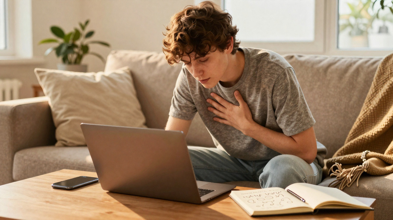 Jovem sentado no sofá com expressão de desconforto, segurando o peito enquanto usa um portátil.