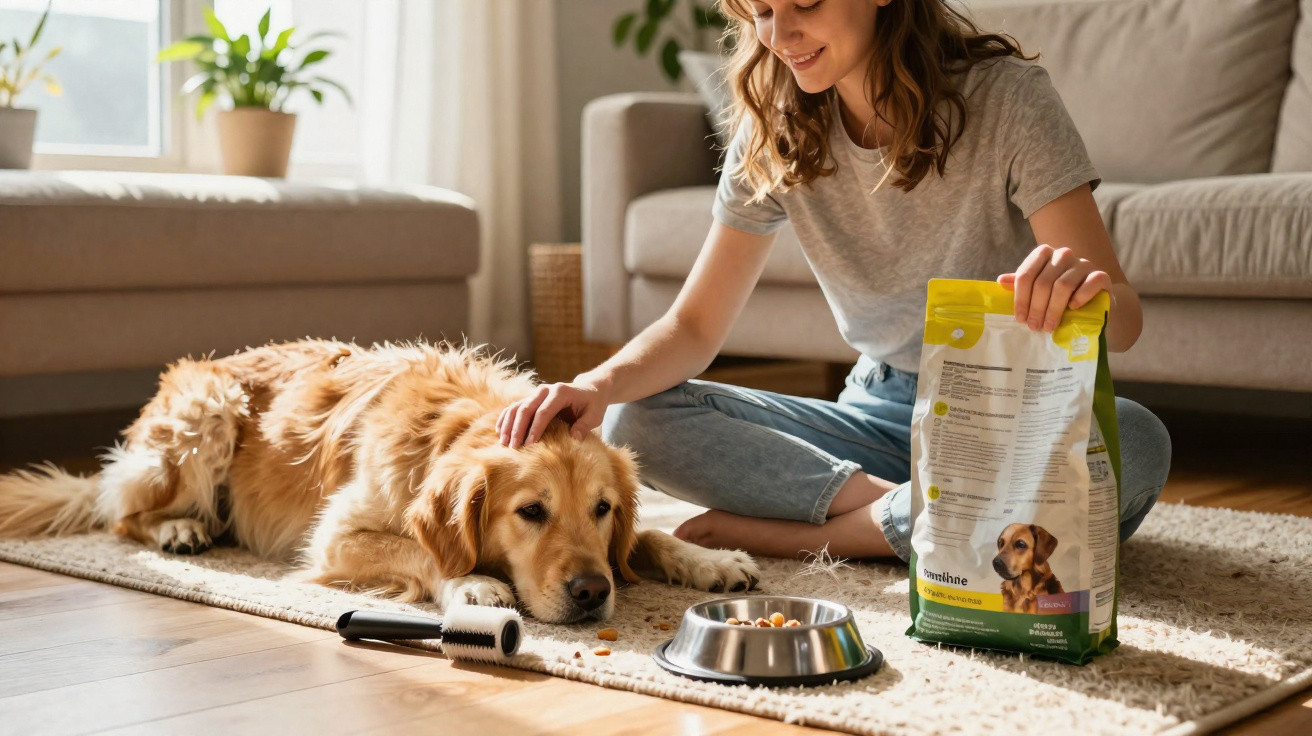 Mulher sentada no chão a alimentar e fazer carinho num cão dourado deitado numa sala iluminada.