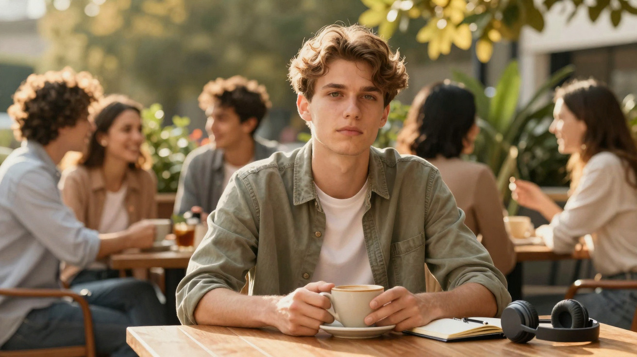 Jovem sentado sozinho numa esplanada com café e auscultadores, enquanto grupo conversa ao fundo.