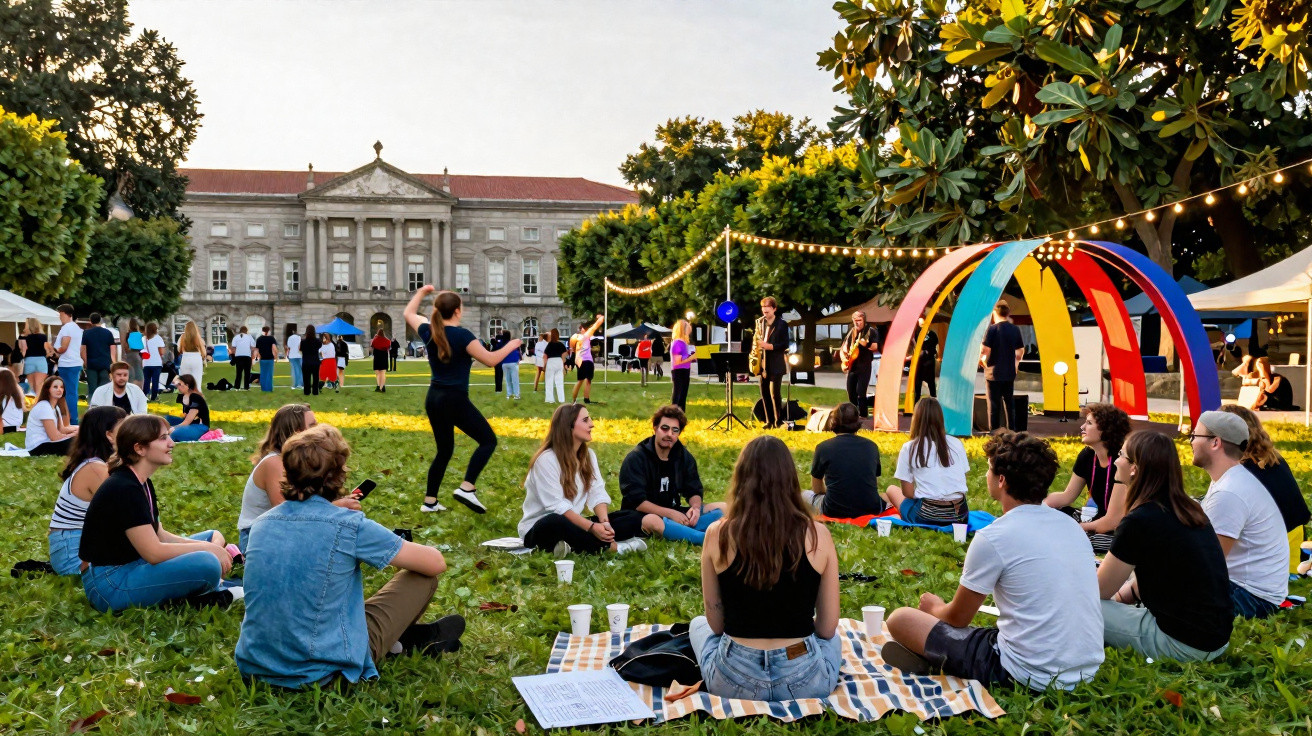 Pessoas sentadas em piquenique num parque com edifício clássico e banda a tocar ao fundo ao pôr do sol.