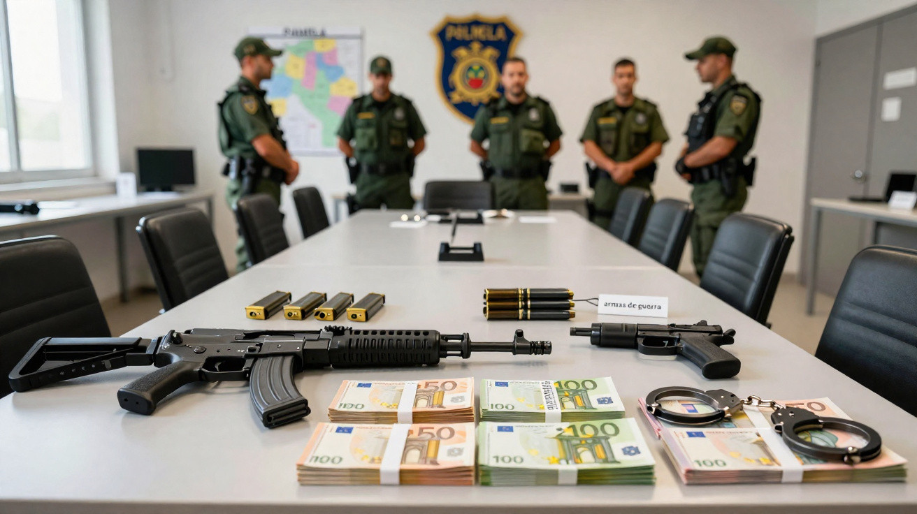 Armas, munições, dinheiro e algemas numa mesa com cinco polícias ao fundo numa sala de reuniões.