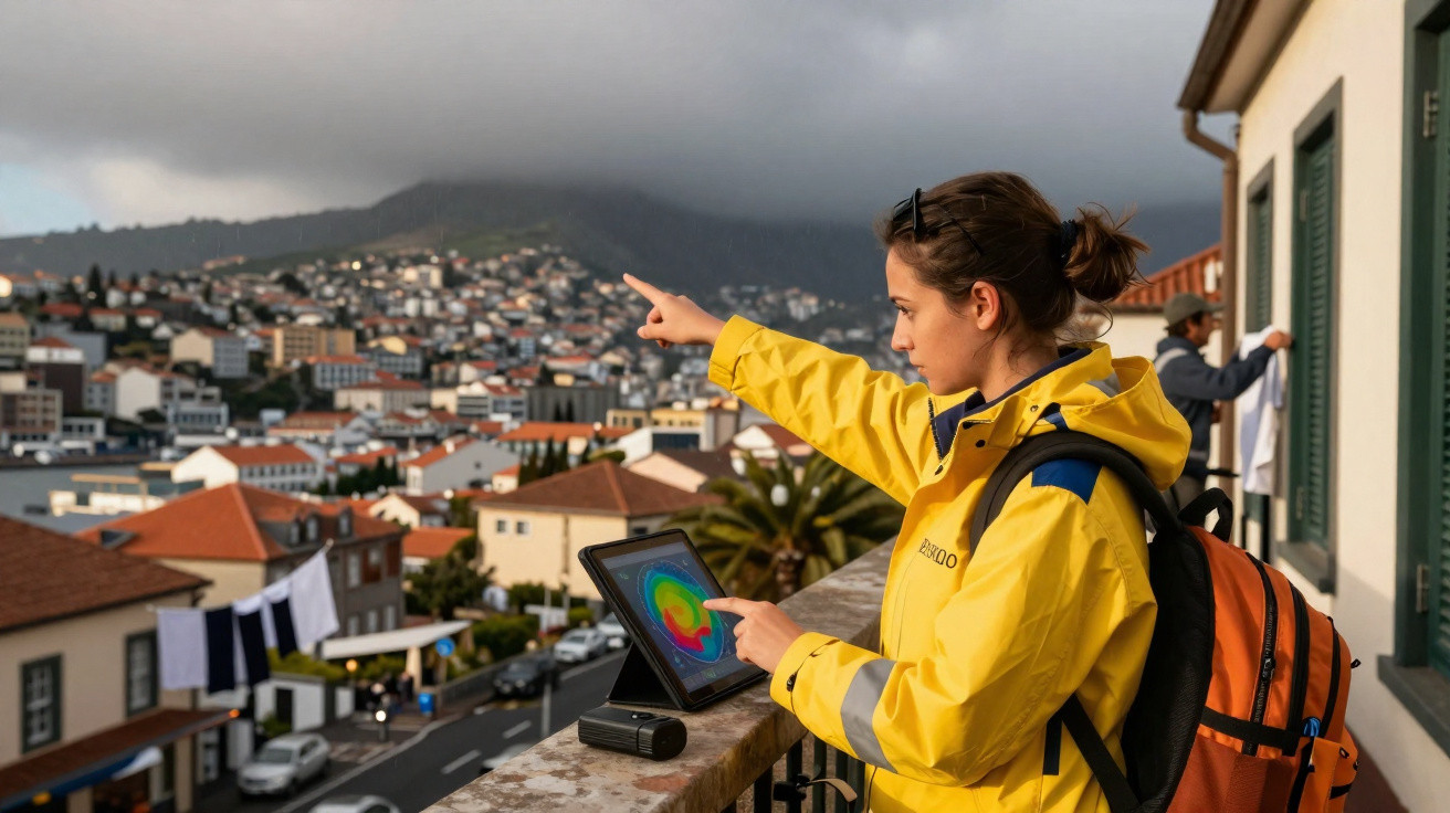 Mulher com casaco amarelo aponta para paisagem urbana, com tablet e mochila, em varanda de edifício.