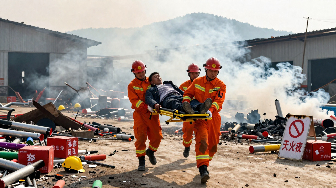Três bombeiros em uniforme laranja transportam homem numa maca em zona industrial com fumo e destroços no chão.