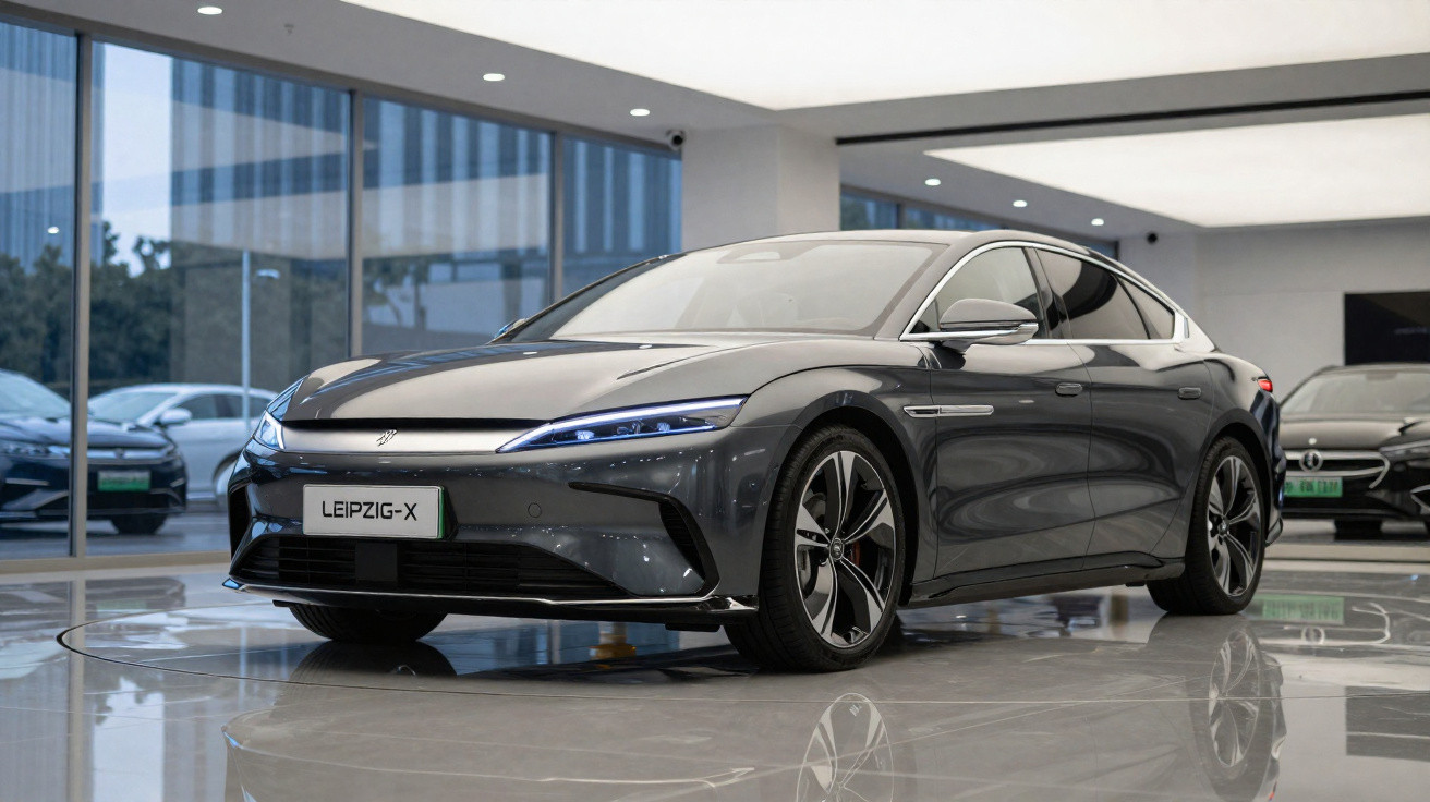 Carro elétrico cinza escuro LEIPZIG-X em exposição numa sala moderna com teto iluminado.