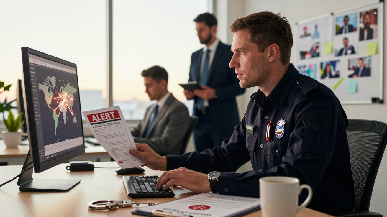 Polícia analisa alerta em folha enquanto verifica mapa de conexões em computador num escritório moderno.