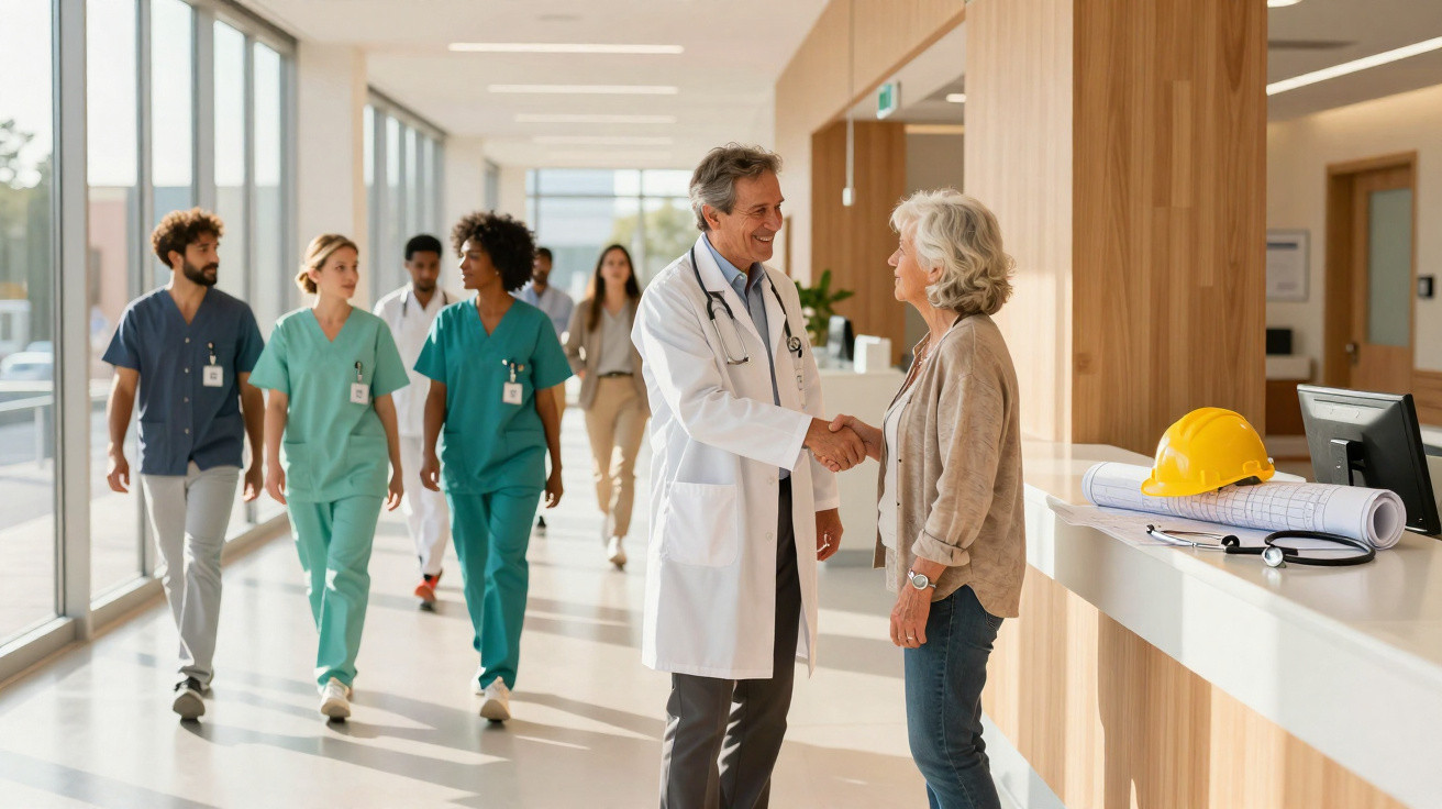 Médico cumprimenta mulher idosa no hall de um hospital com equipa médica a caminhar ao fundo.