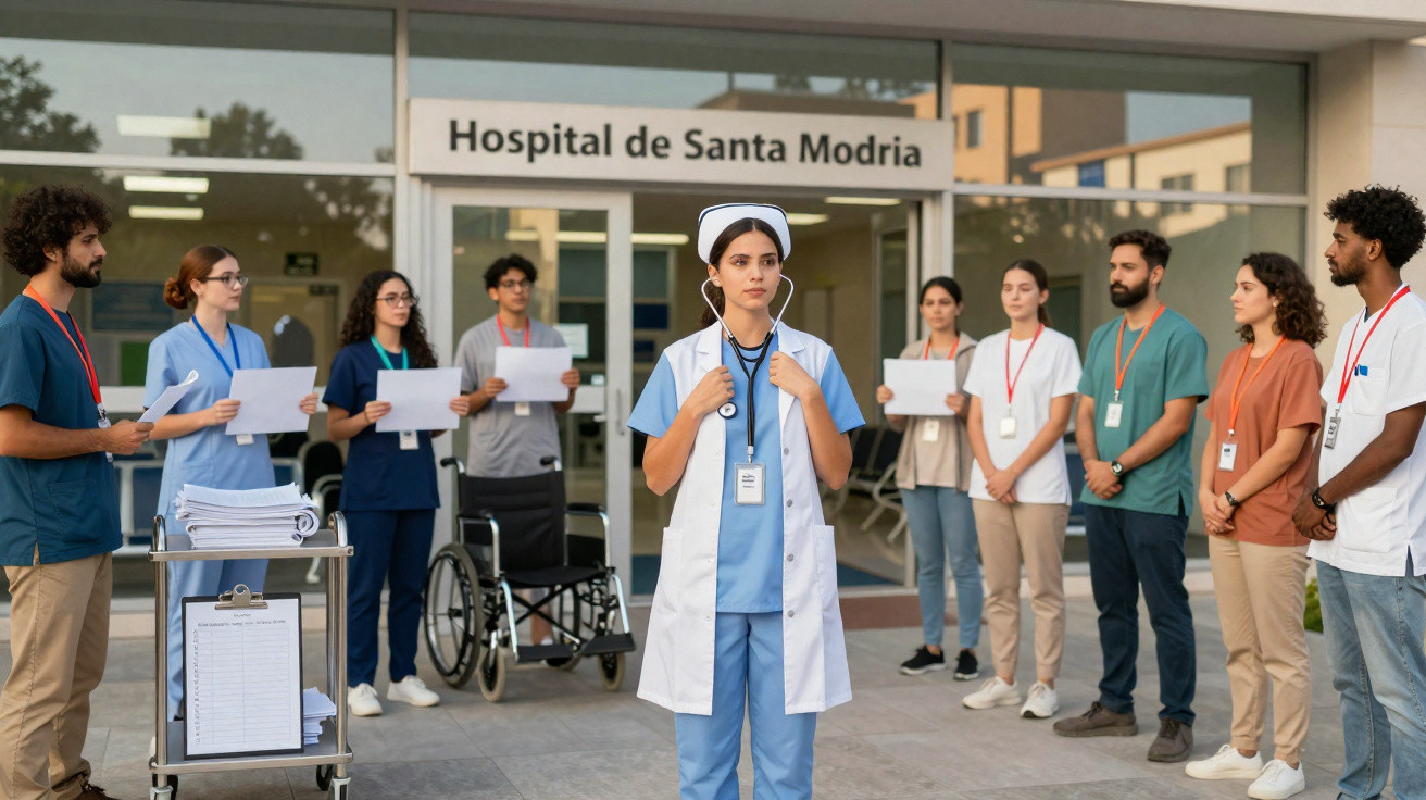 Enfermeira com estetoscópio em frente a hospital, rodeada por equipa médica com documentos nas mãos.