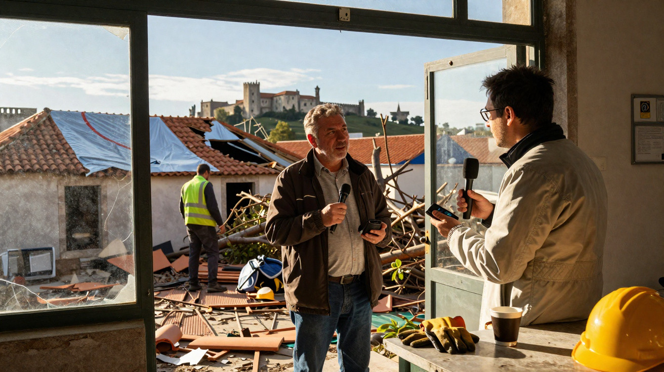 Dois homens entrevistam-se com microfones, ao fundo destroços e um trabalhador numa obra, castelo visível ao longe.