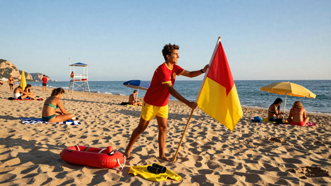 Salvador de praia a colocar bandeira vermelha e amarela na areia com banhistas e mar ao fundo.
