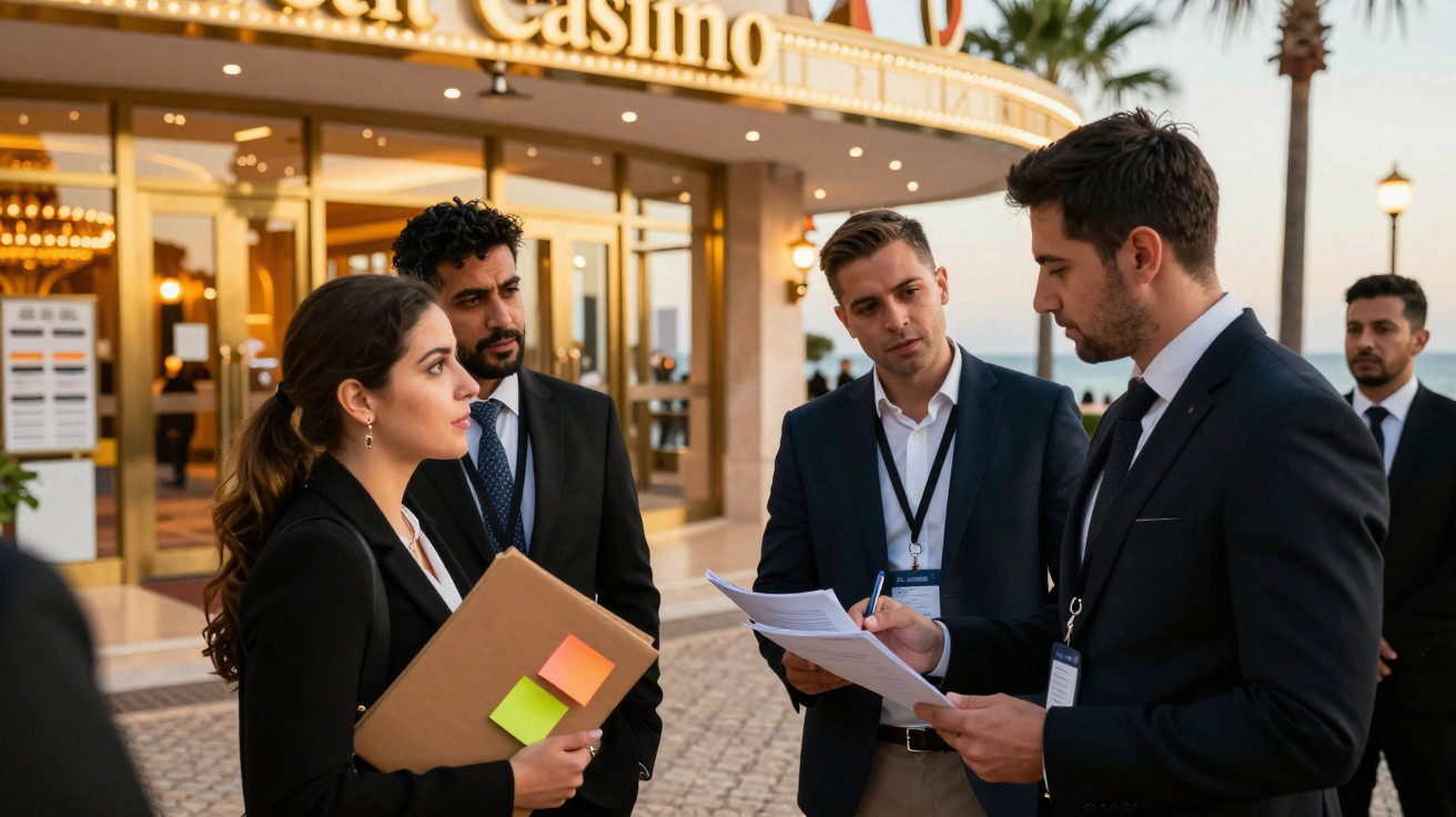 Grupo de profissionais em traje formal discutindo documentos junto à entrada de um casino ao ar livre.