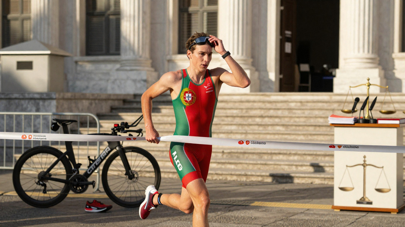 Atleta português a correr numa prova de triatlo, com bicicleta e edifício clássico ao fundo.