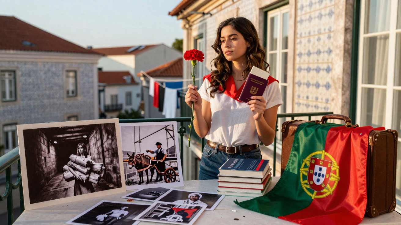 Jovem segura cravo e documento, rodeada por fotos antigas, livros e bandeira de Portugal numa varanda.