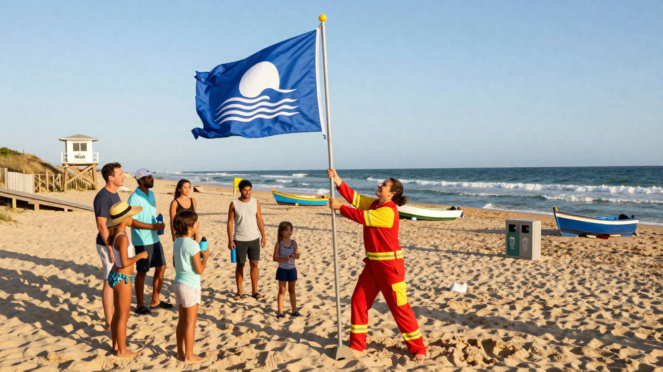 Salvador de praia a içar a bandeira azul enquanto grupo observa na areia junto ao mar.