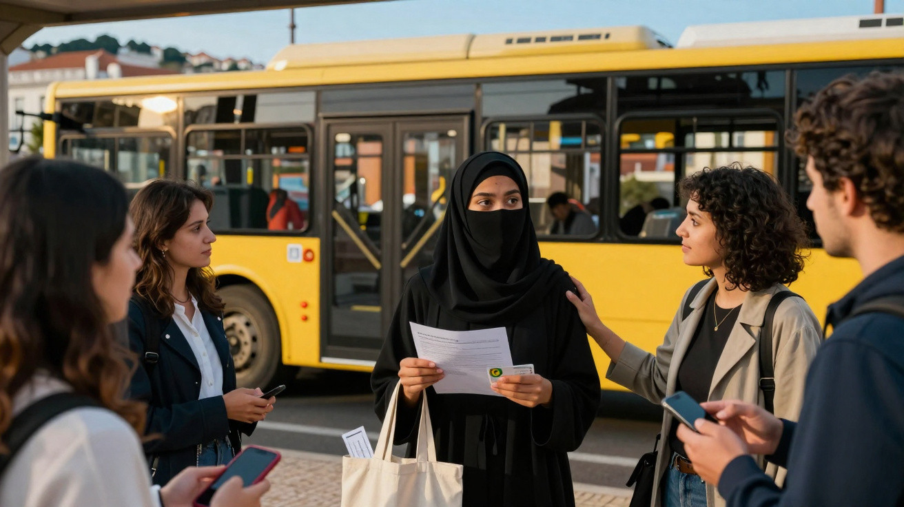 Grupo de jovens conversa numa paragem de autocarro amarelo, com uma mulher de hijab a segurar papéis.