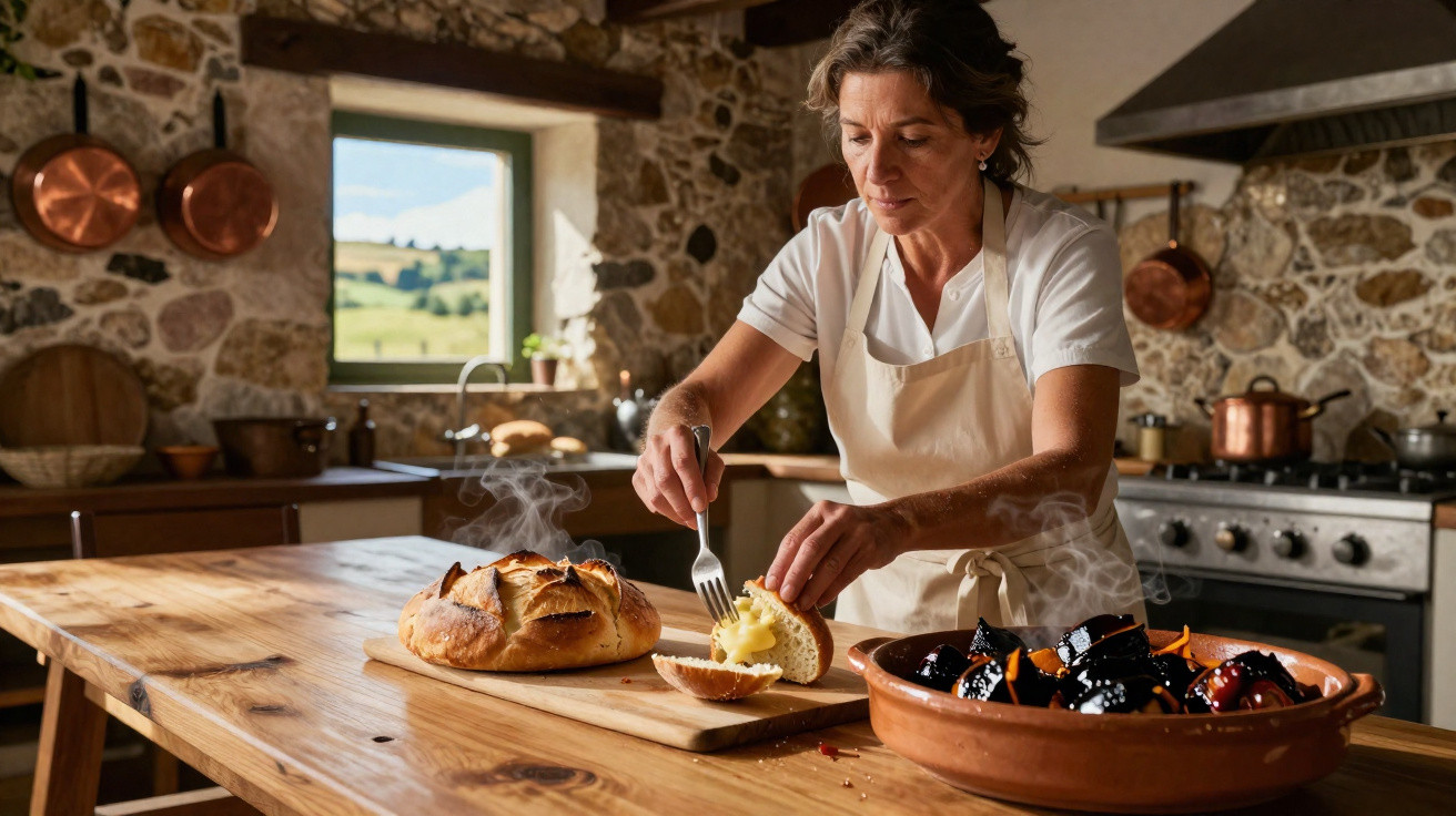 Mulher a barrar manteiga num pão rústico numa cozinha de campo com paredes de pedra.