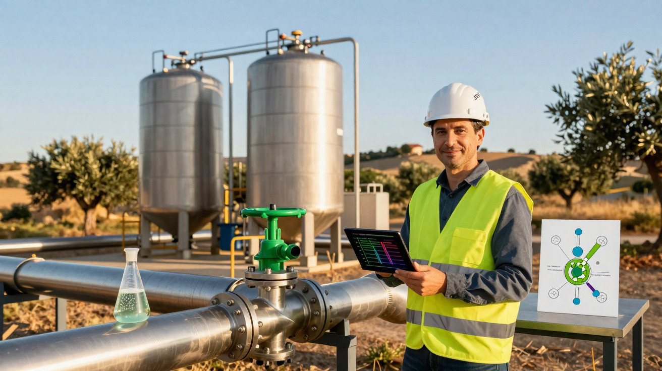 Engenheiro com capacete e colete reflete gráficos em tablet junto a tubagem e tanques industriais ao ar livre.
