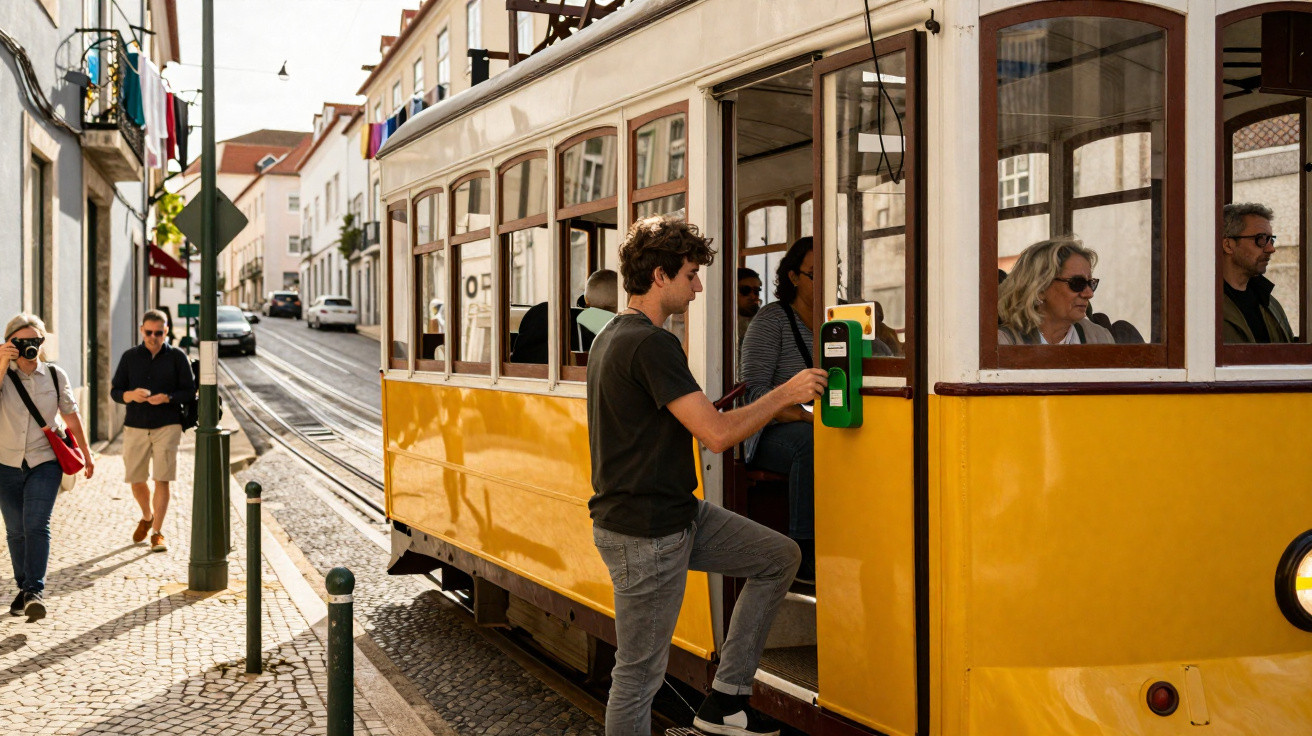 Homem a validar passe num elétrico amarelo de Lisboa numa rua com calçada portuguesa e edifícios antigos.