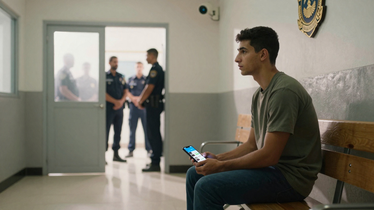 Jovem sentado num banco numa esquadra, segurando um telemóvel, com três polícias conversando ao fundo.