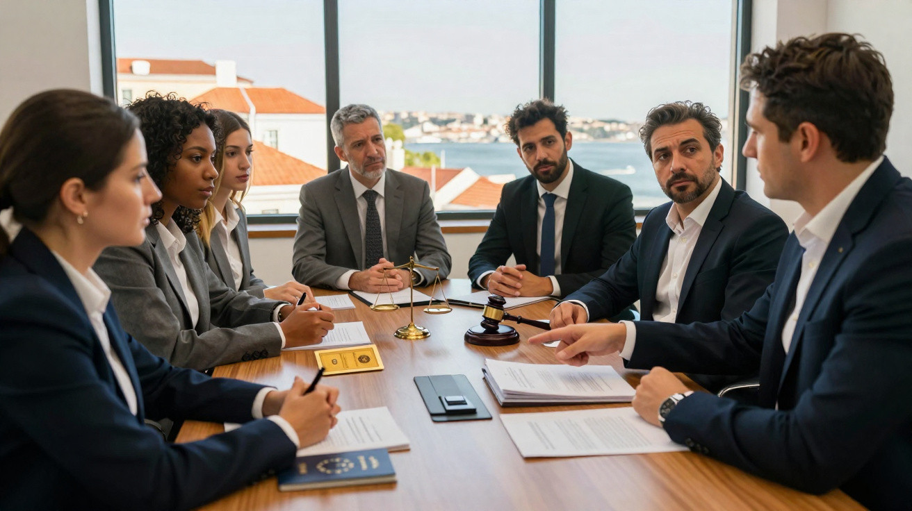 Grupo diversificado de advogados reunidos à volta de uma mesa numa sala com vista para o mar.