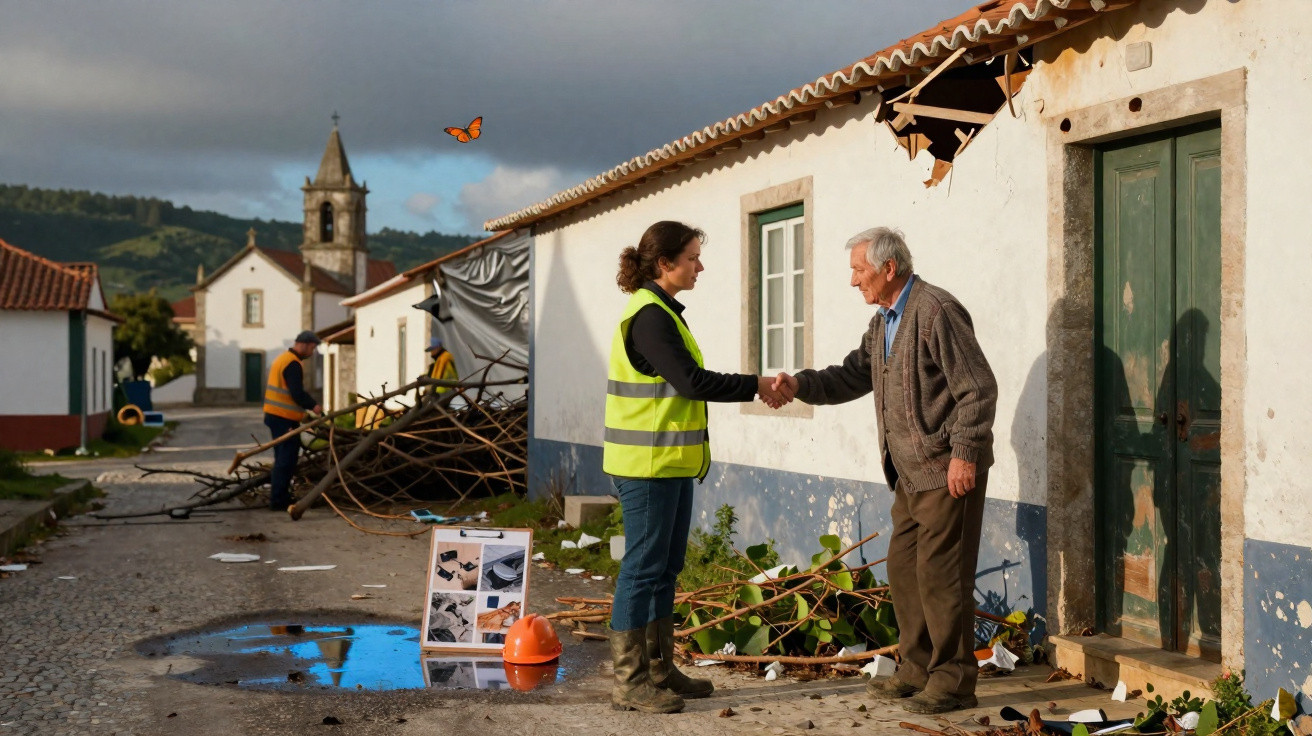 Voluntária e idoso a cumprimentarem-se numa aldeia afetada por desastre, com destroços e igreja ao fundo.