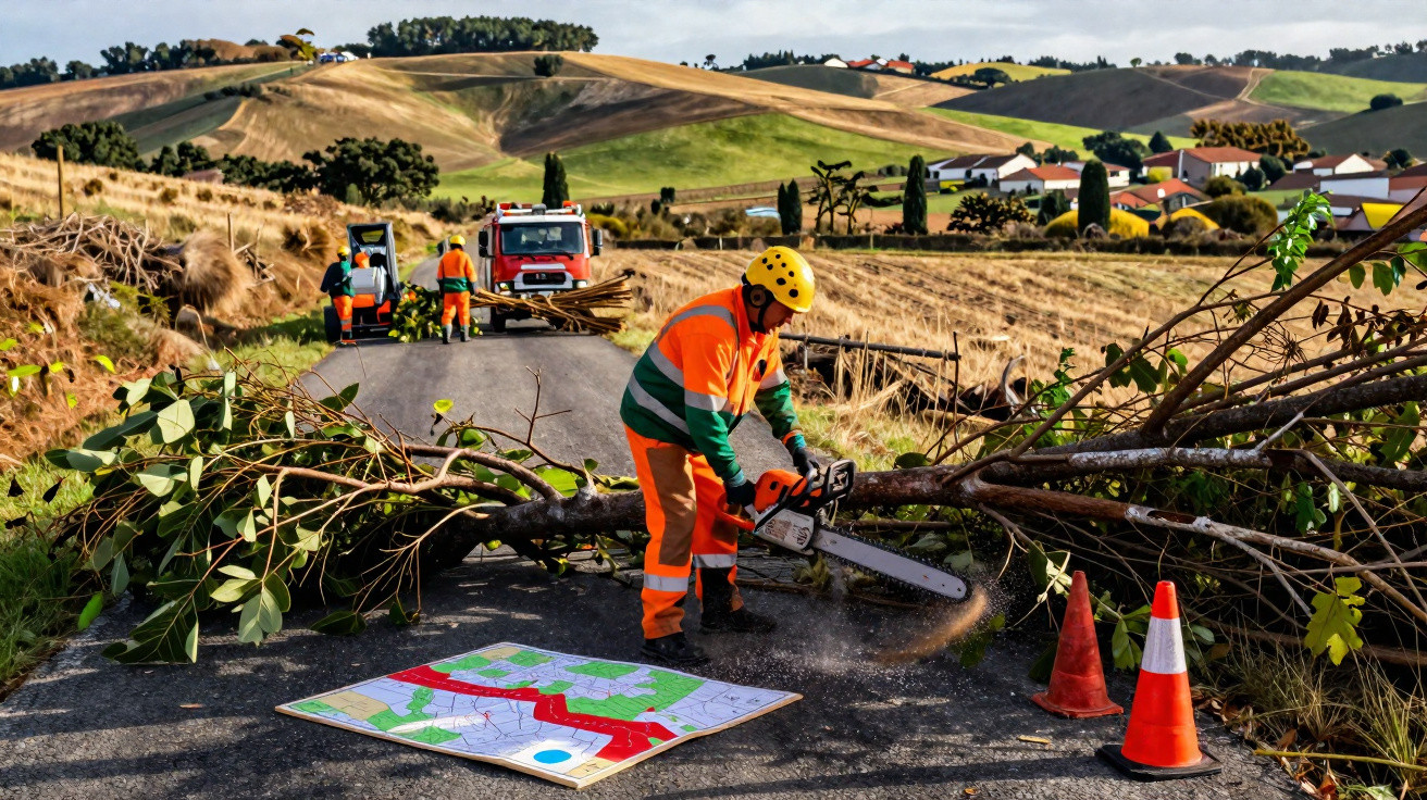 Operário a cortar árvore caída numa estrada rural, com cones de sinalização e mapa no chão.