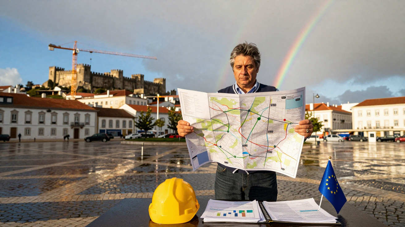 Homem com mapa na mão em praça com capacete e bandeira da UE, castelo e arco-íris ao fundo.