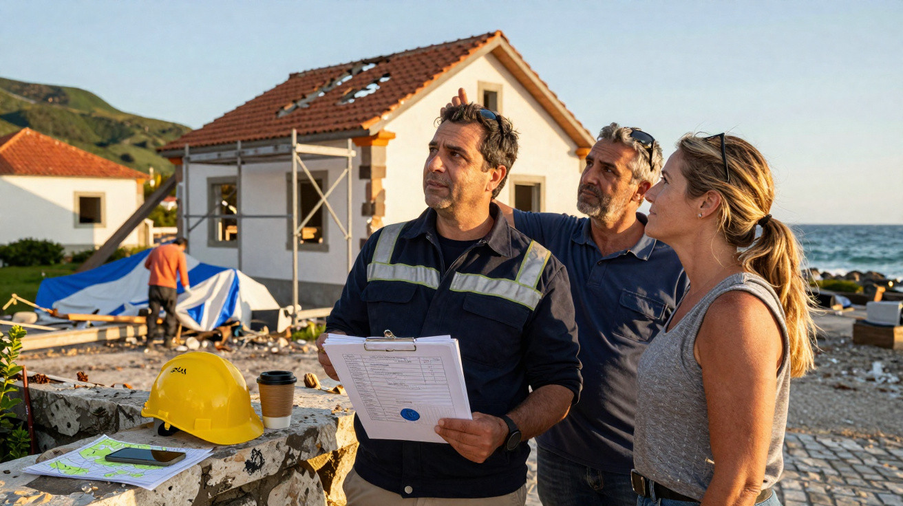 Três pessoas discutem projeto de construção junto a obra de casa perto do mar ao pôr do sol.