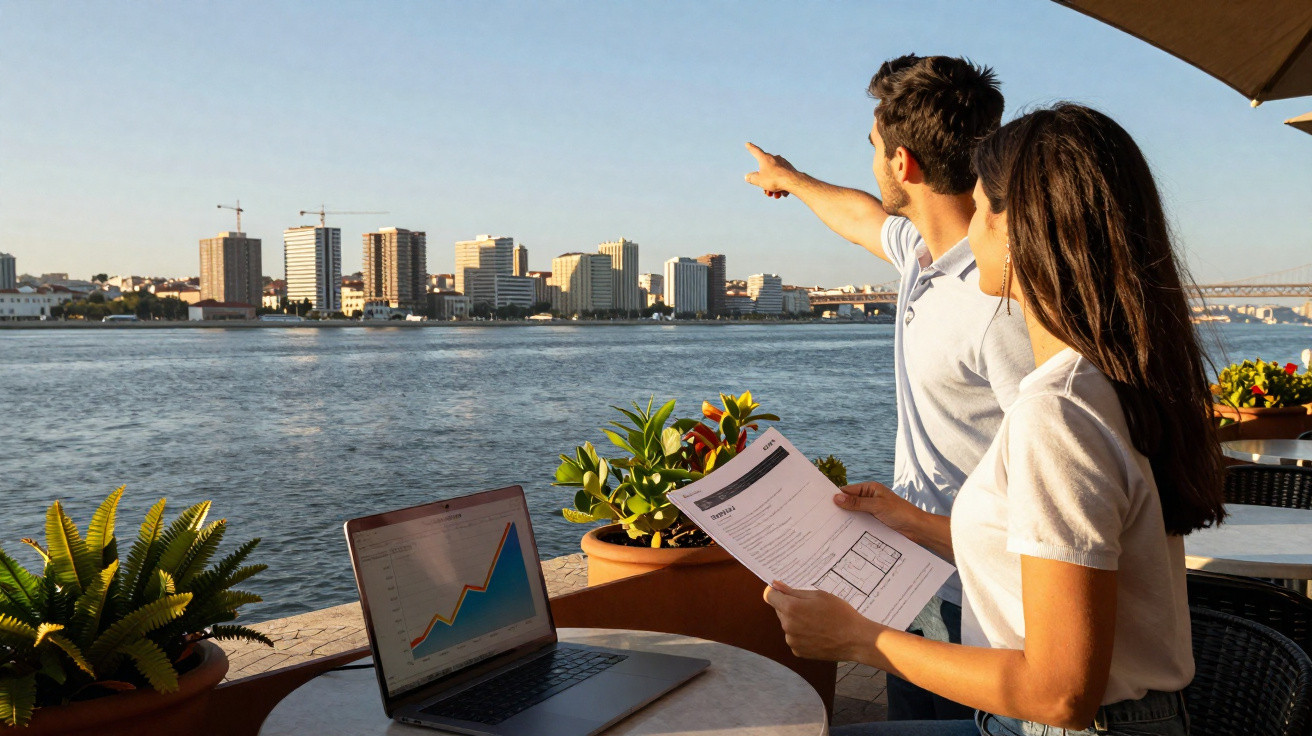 Casal analisa documentos e gráficos junto a laptop numa esplanada com vista para a cidade e o rio.