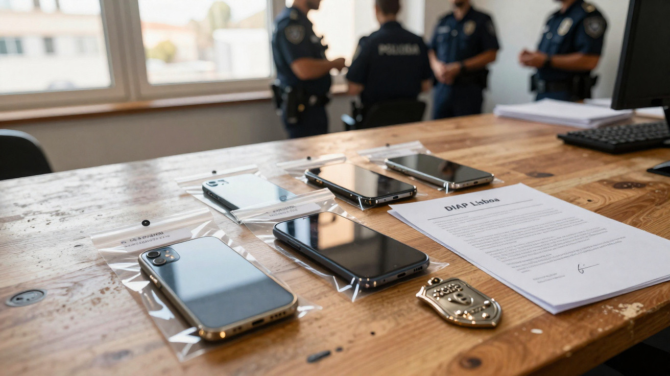 Telemóveis apreendidos em sacos de plástico, documento e distintivo policial numa mesa de madeira, com polícia ao fundo.