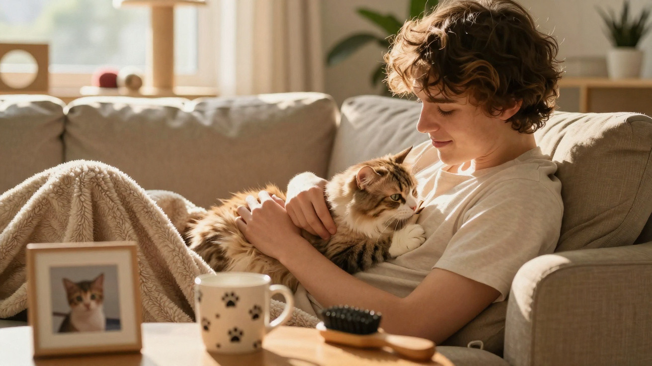 Jovem sentado no sofá a aconchegar um gato enquanto está coberto por uma manta confortável.