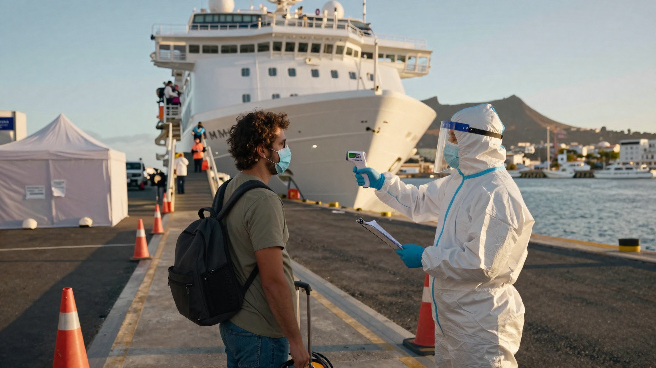 Trabalhador de saúde em equipamento de proteção testa temperatura de passageiro com máscara num porto com navio.