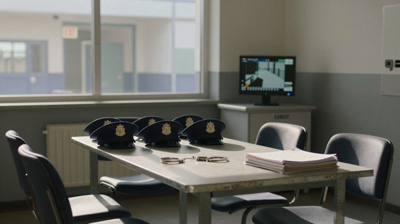 Sala de interrogatório com quatro chapéus de polícia, algemas e documentos sobre mesa metálica.