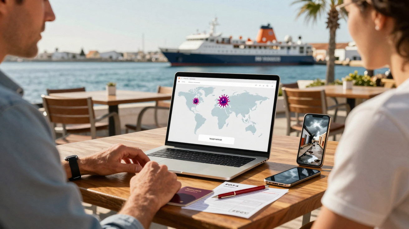 Duas pessoas sentadas à mesa junto ao mar, com laptop e telemóveis, analisando mapa mundial com símbolos de vírus.