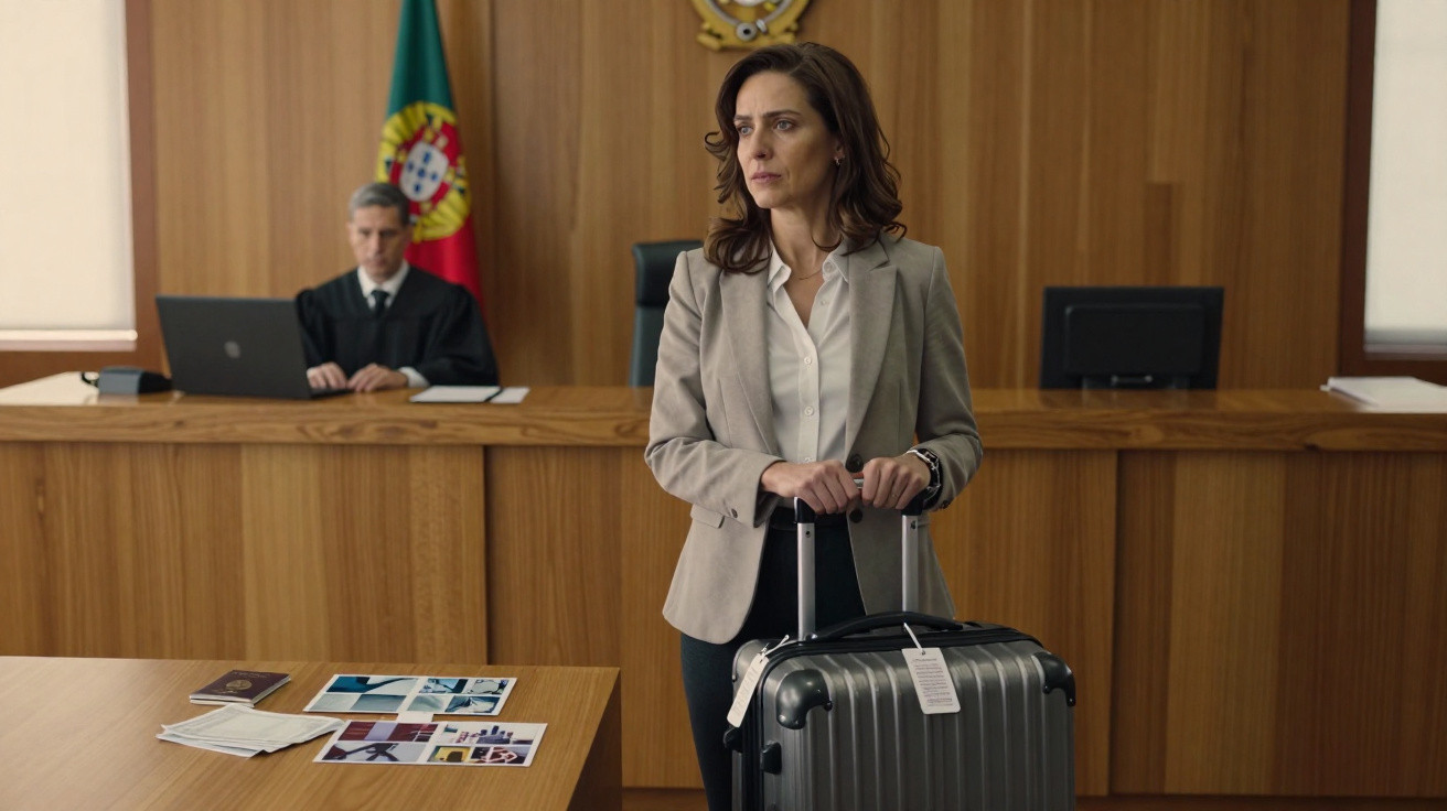 Mulher de negócios com mala num tribunal, juiz ao fundo, bandeira de Portugal visível na sala.