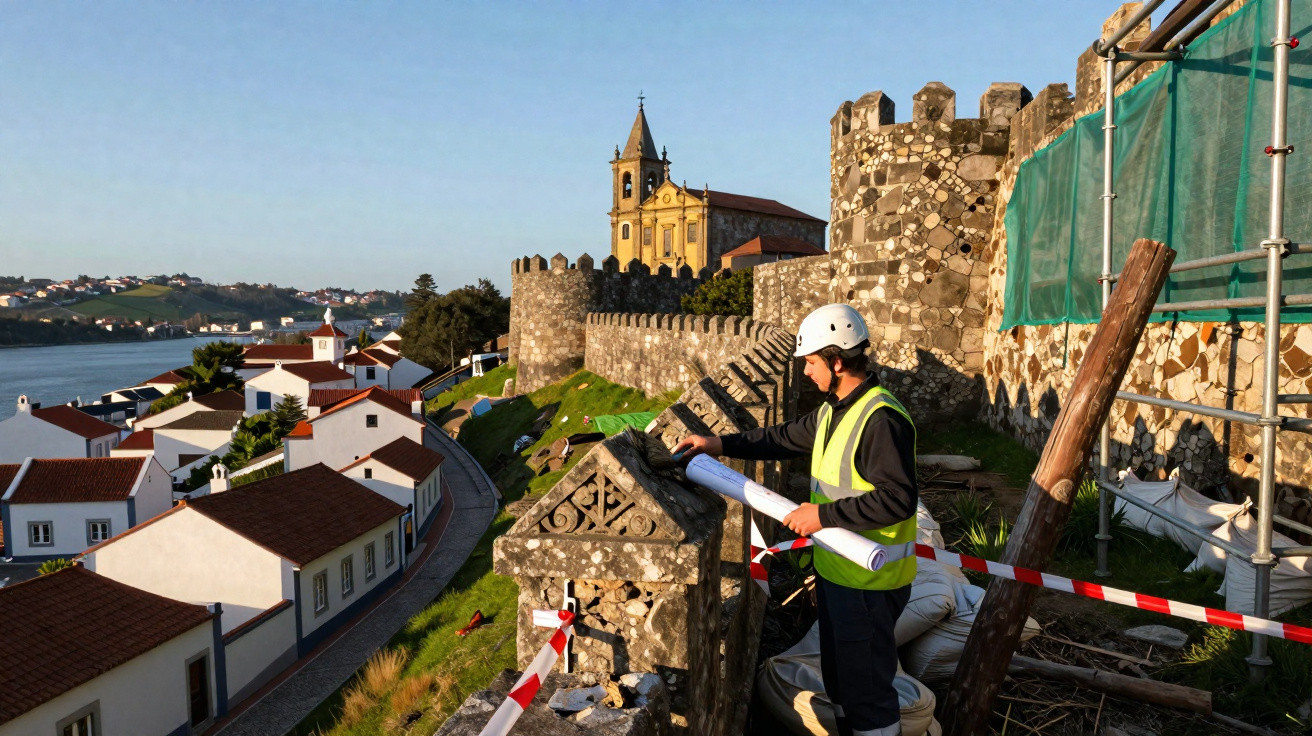Engenheiro com capacete e colete reflector analisa plano em obras junto a muralha medieval com igreja ao fundo.