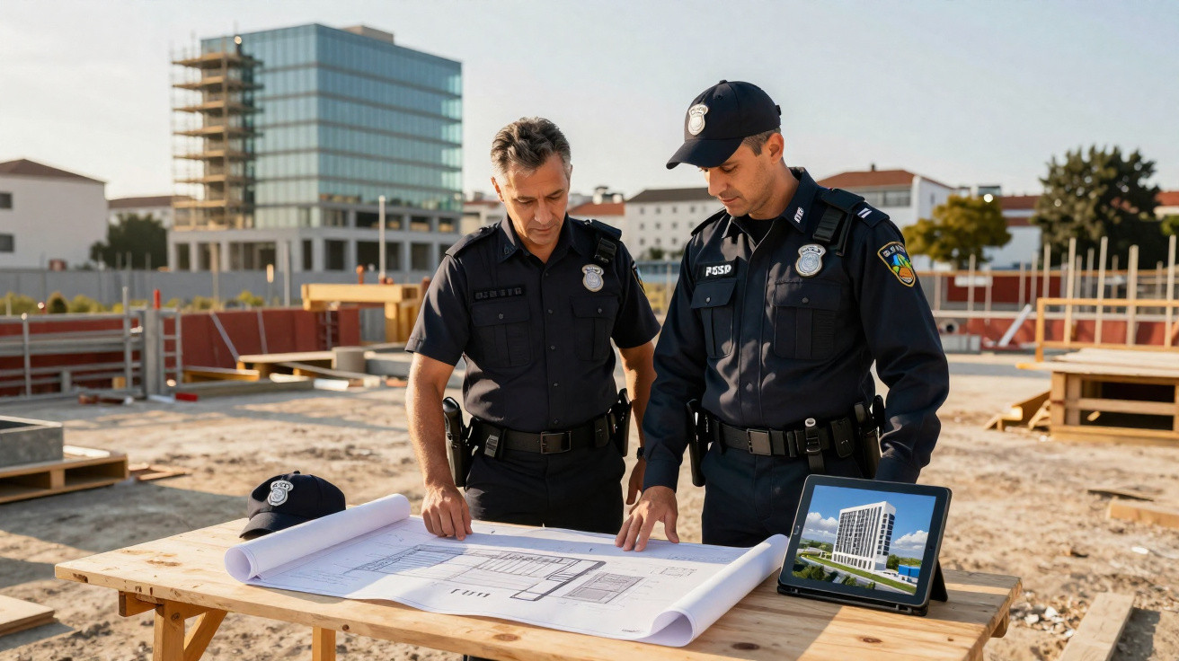 Dois polícias em uniforme analisam plantas num estaleiro de construção com um tablet ao lado.
