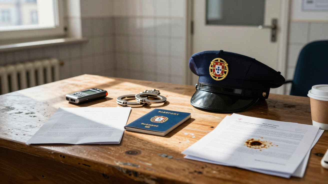 Mesa de madeira com chapéu da polícia, algemas, passaporte, documentos, rádio e copo de café.
