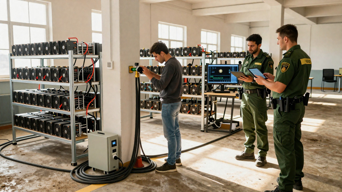Homem a operar equipamento de mineração de criptomoedas enquanto dois polícias monitorizam com tablets numa sala ampla.