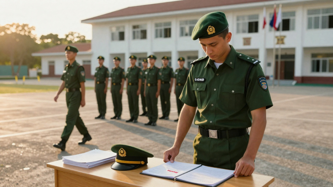 Jovem soldado em uniforme verde a ler documento numa mesa durante treino militar ao ar livre.