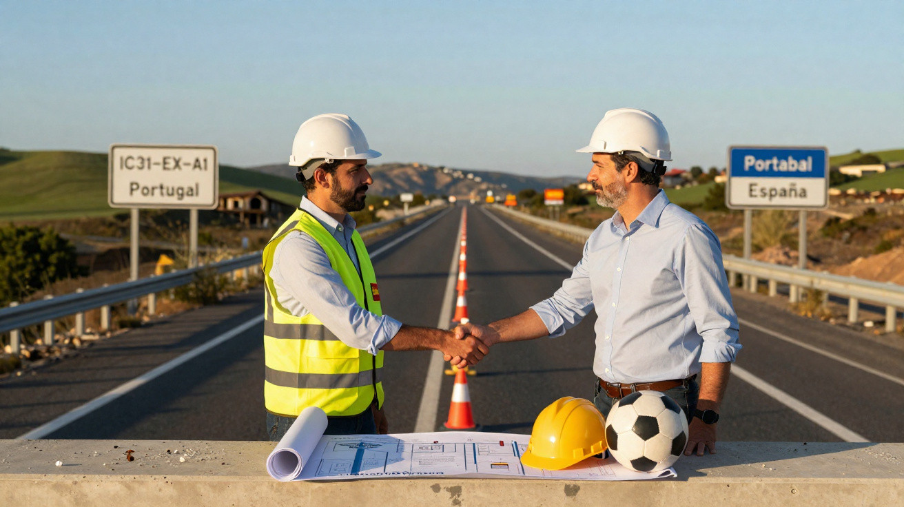 Dois engenheiros com capacetes apertam as mãos numa estrada na fronteira entre Portugal e Espanha.
