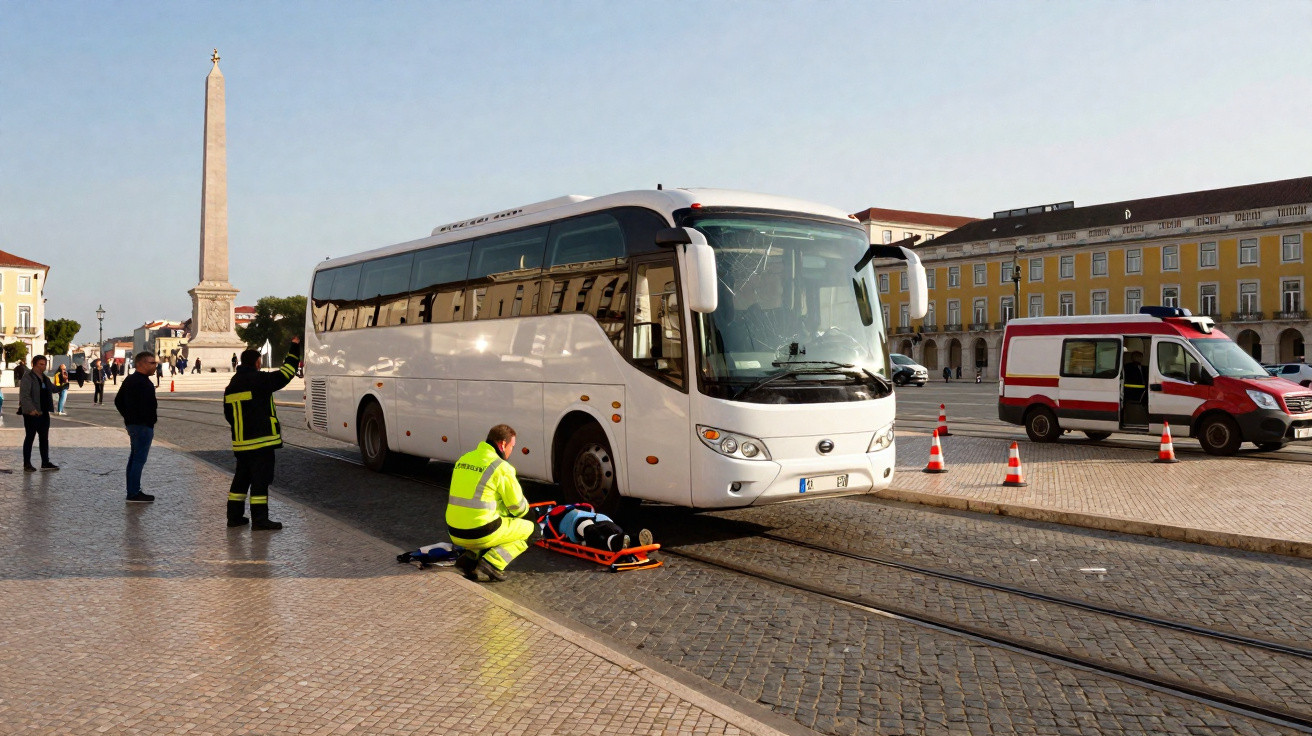 Socorristas prestam assistência a pessoa junto a autocarro branco num largo com obelisco e patrulha presente.