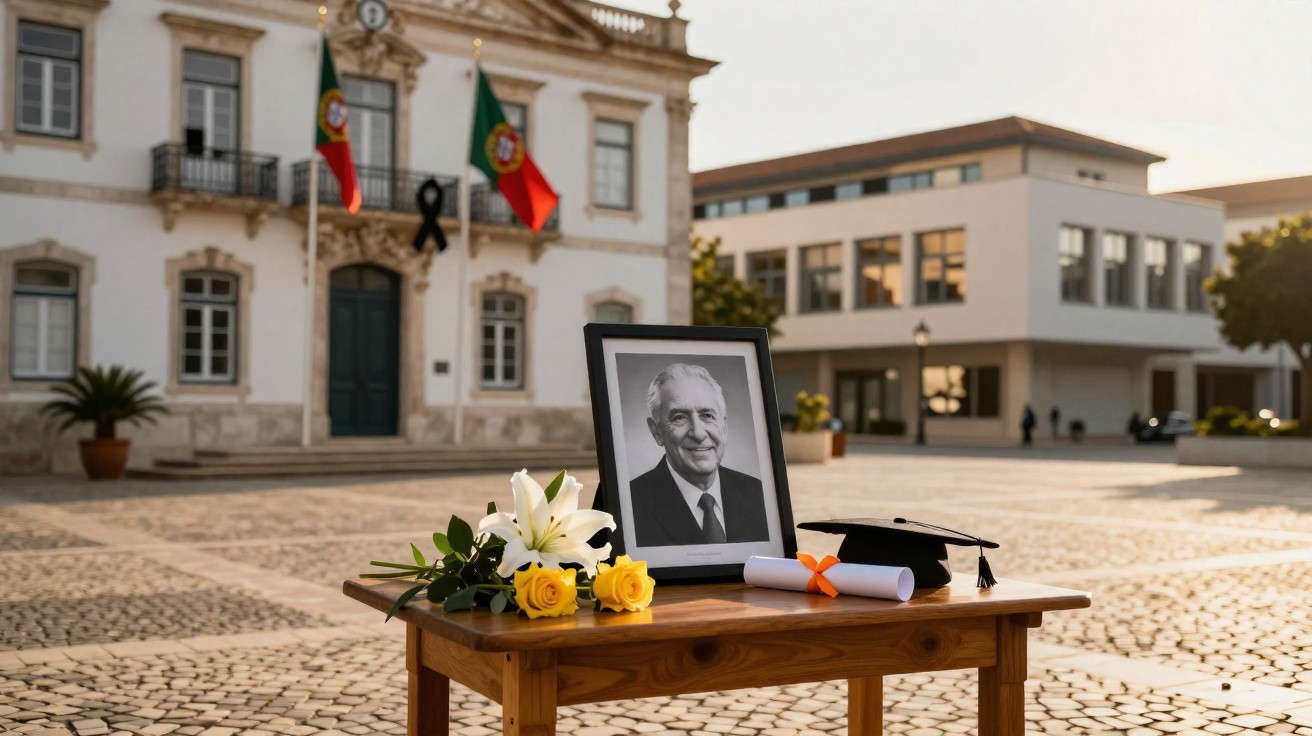 Mesa em praça com foto a preto e branco, flores, diploma e capelo à memória de uma pessoa.