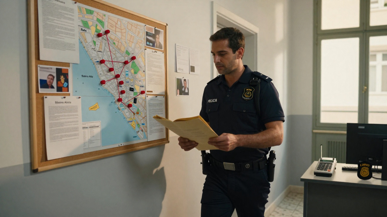 Polícia a examinar documentos junto a um quadro com mapas e fotografias numa esquadra iluminada por luz natural.