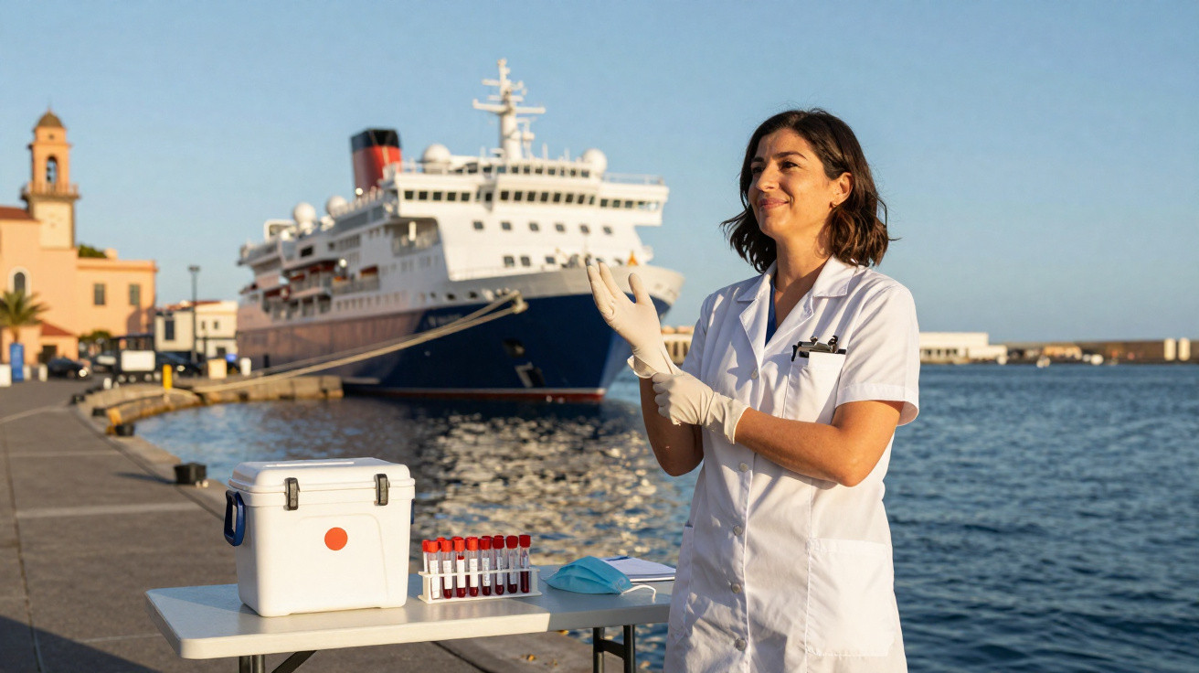 Mulher de bata branca a calçar luvas, com tubos de ensaio e uma caixa de transporte junto ao mar e navio de cruzeiro.