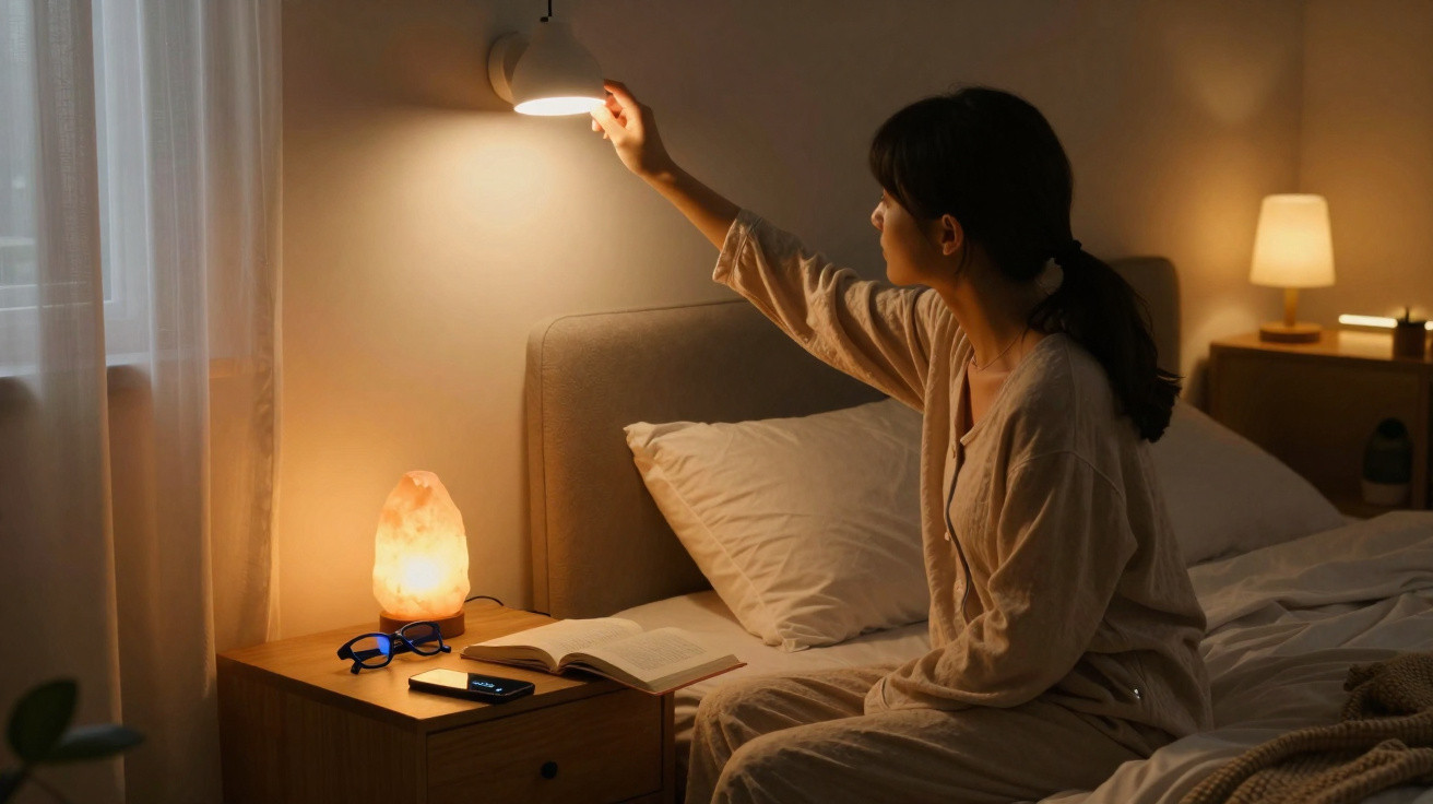 Mulher em pijama acende luz de parede ao lado de cama com mesa de cabeceira e livro aberto.