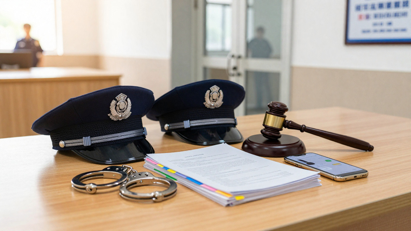 Duas boinas de polícia, algemas, pilha de documentos, um telemóvel e um martelo de juiz numa mesa de madeira.