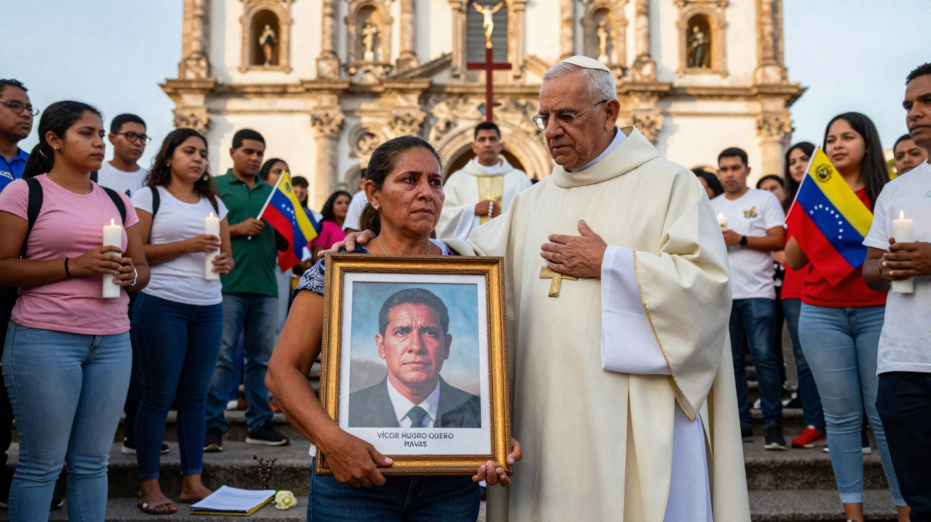 Mulher segura retrato de homem falecido, com padre e grupo de pessoas em vigília na escadaria de igreja histórica.