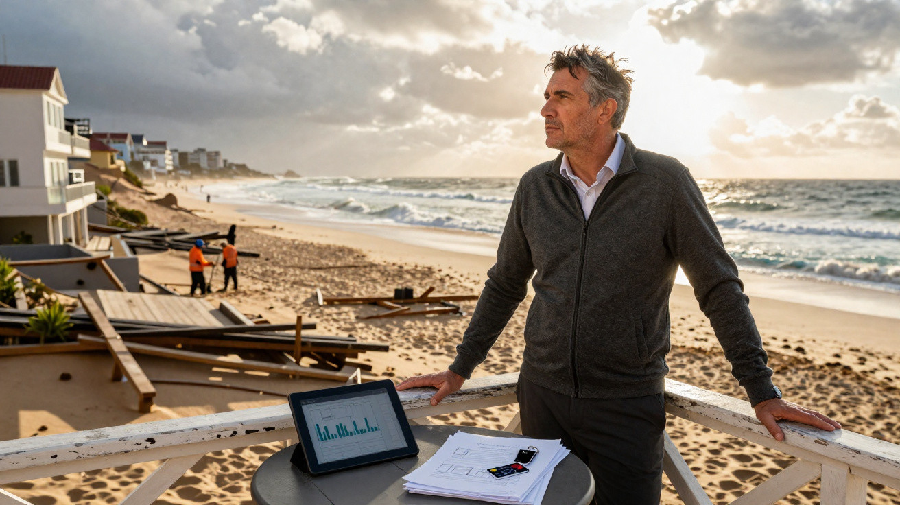 Homem de fato casual contempla o mar numa praia, com documentação e tablet sobre mesa perto da areia.